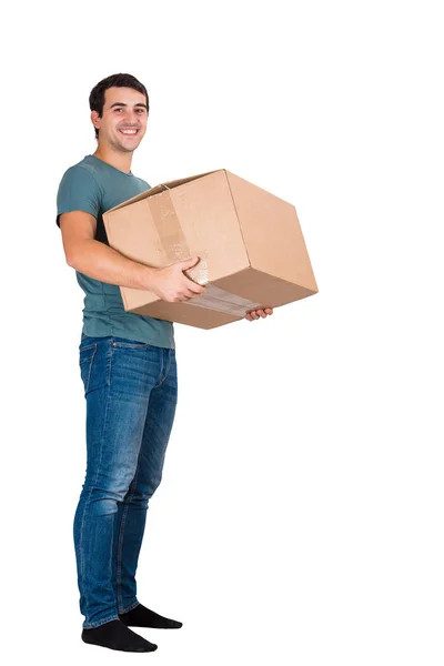 Full Length Portrait Smiling Young Man Carrying Big Cardboard Box — Stock Photo, Image