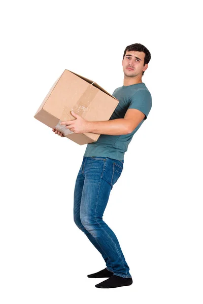 Frustrated Young Man Lean Back Carrying Heavy Box Isolated White — Stock Photo, Image