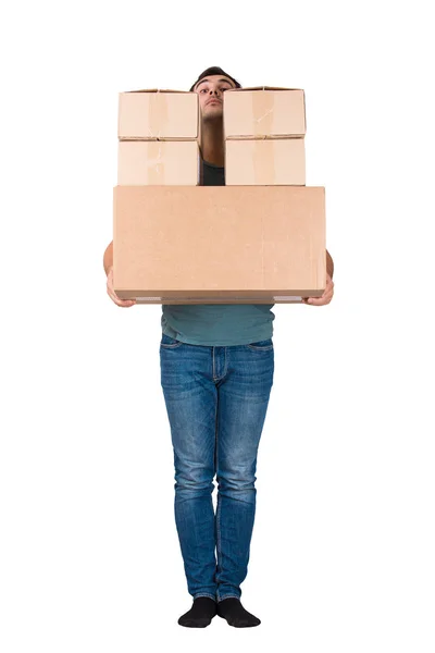 Full Length Portrait Young Man Carrying Heavy Packages Isolated White — Stock Photo, Image