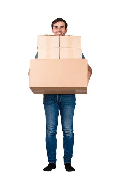 Young Delivery Man Smiling Camera Carrying Heavy Boxes Full Length — Stock Photo, Image