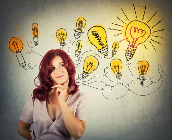 Young Redhead Pensive Woman Hand Chin Thoughtful Looking Shining Light — Stock Photo, Image