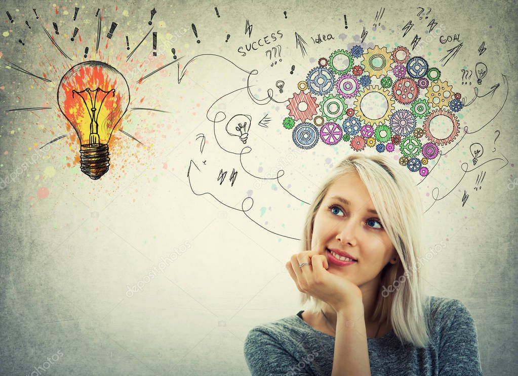 Young woman hand under chin and colorful gear brain above head. Pensive emotion, positive thinking with arrows and curves going to a colorful light bulb. Concept of mental development and gather idea.