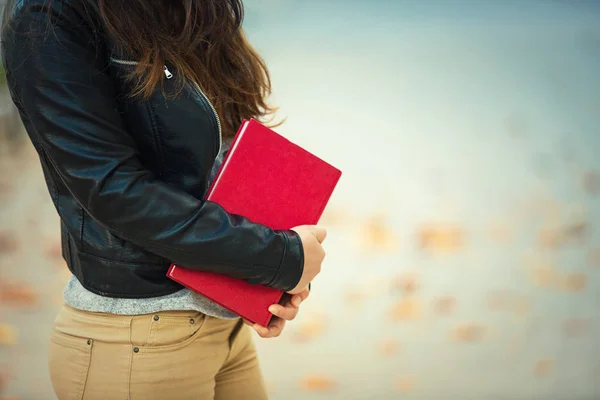 Close Student Girl Body Holding Red Book Education Concept Outdoors — Stock Photo, Image