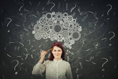 Puzzled businesswoman having questions in front of a blackboard. Big chalk drawn gear brain above head, positive thinking mess as thoughts. Concept for mental, psychological development. clipart