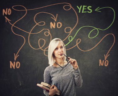 Eğrileri okları tepeden Evet ya da Hayır yanıt-e doğru lider olarak onun soruların cevabını bulma blackboard arka plan üzerinde kitap tutan sert düşünme ciddi akıllı kadın. Zor bir seçim kavramı.