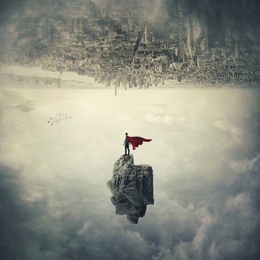 Cityscape altında taş levitating üzerinde kırmızı pelerin konumu olan kendine güvenen süper kahraman. Hayali dünya baş aşağı, mistik sahne süper güç uçan.