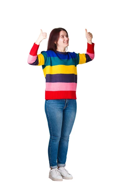 Full Length Portrait Cheerful Young Woman Posing Both Thumbs Casual — Stock Photo, Image