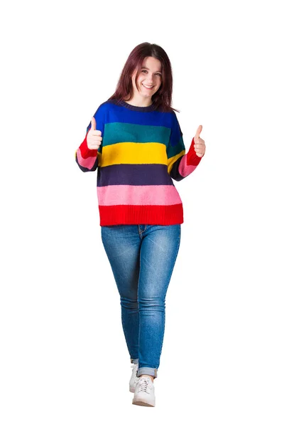 Full Length Portrait Casual Young Woman Wearing Jeans Rainbow Sweater — Stock Photo, Image