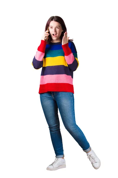 Full Length Portrait Casual Young Woman Talking Phone Explaning Gesticulating — Stock Photo, Image