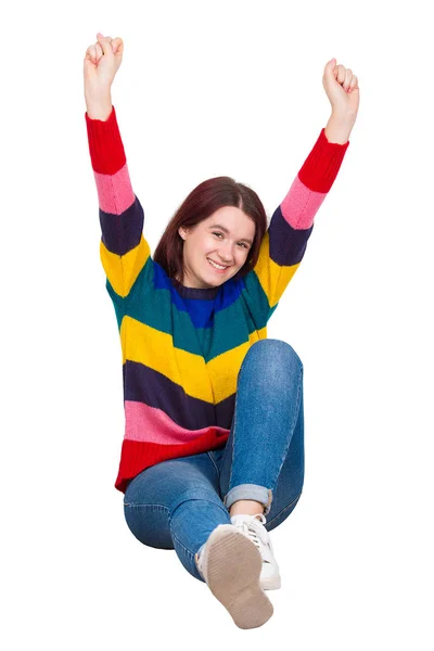Cheerful Excited Young Woman Raising Bands Sitting Floor Happy Emotion — Stock Photo, Image