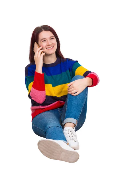 Happy Young Woman Sitting Floor Talking Phone Looking Away Think — Stock Photo, Image
