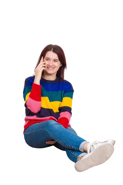 Full Length Portrait Carefree Attractive Young Woman Smiling Broadly Sitting — Stock Photo, Image