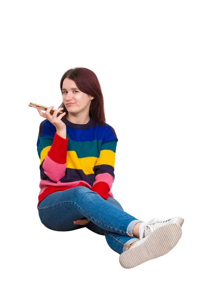 Sad Bored Hipster Girl Holding Smartphone Leisure Time Sitting Floor — Stock Photo, Image