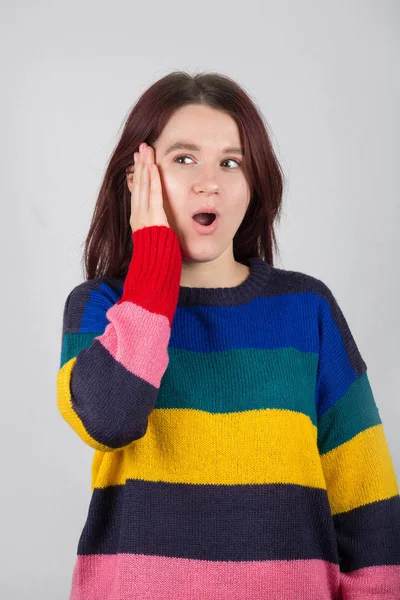 Wow Portrait Beautiful Girl Red Hair Looking Excited Holding Her — Stock Photo, Image