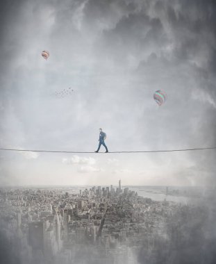 Young woman silhouette balancing on slackline rope high above clouds between two imaginary parallel worlds. Walking confident on tightrope. Conquering metaphor, overcome challenge stability symbol. clipart