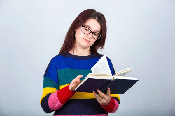 Serious Young Student Girl Wearing Glasses Reading Book Isolated Grey — Stock Photo, Image