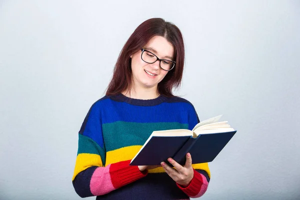 Happy Student Girl Holding Open Book Reading Pages Smile — Stock Photo, Image