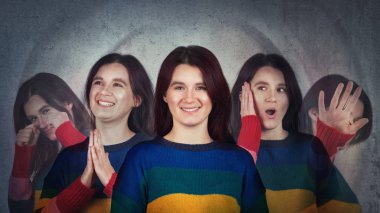 Young woman suffer split emotions into five different inner personalities. Multipolar mental health disorder concept. Schizophrenia psychiatric disease. Face expressions and reactions mood change. clipart