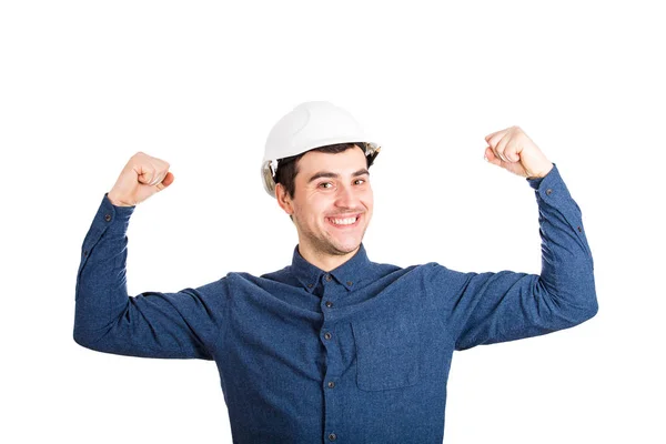 Powerful Young Man Engineer Wearing Protective Helmet Looking Camera Showing — Stock Photo, Image