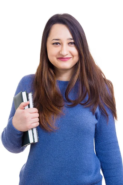 Sorridente Giovane Studentessa Insegnante Donna Affari Possesso Libri Cerca Fotocamera — Foto Stock