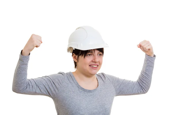 Kräftige Junge Ingenieurin Mit Schutzhelm Zeigt Ihre Muskelkraft Isoliert Vor — Stockfoto