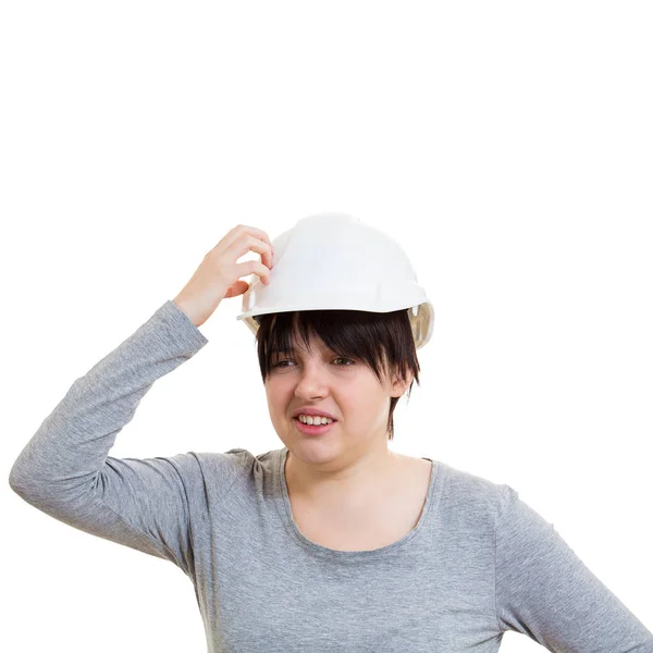 混乱して若い女性エンジニア分離コピー スペースの頭の上に白い背景の上の頭の思考を指している保護用のヘルメットを身に着けています — ストック写真