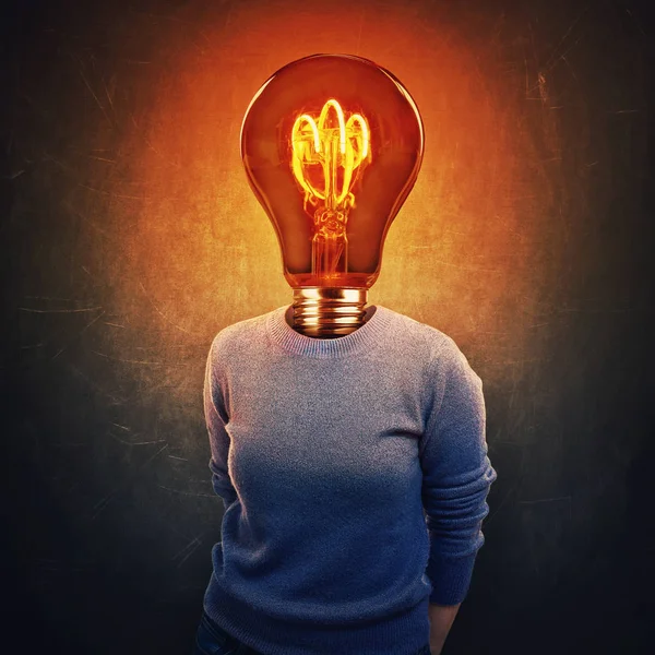 Surreal image as anonymous woman with a light bulb instead of head over dark blackboard background. Idea and creativity symbol. Bright brain and memory function, mental health concept.