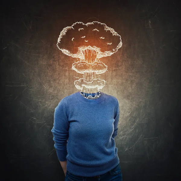 Surreal Portrait Stressed Anonymous Young Woman Head Explosion Dark Blackboard — Stock Photo, Image