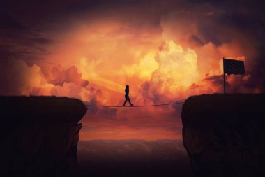 Surreal challenge overcome as woman cross chasm conquering obstacle balancing on slackline rope above the clouds. Way to finish, reach the flag over sunset sky. Achieve goal metaphor, success concept. clipart