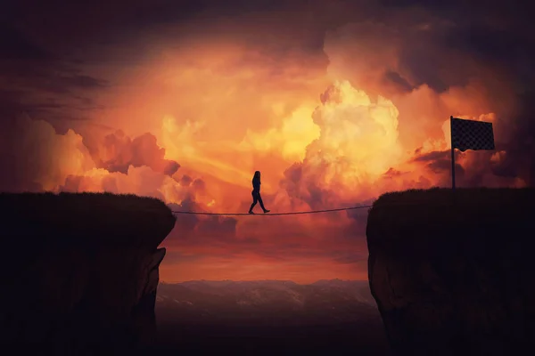 Surreal Challenge Overcome Woman Cross Chasm Conquering Obstacle Balancing Slackline — Stock Photo, Image