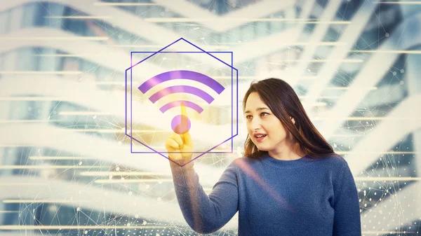 Donna Premendo Interfaccia Schermo Digitale Selezionando Ologramma Simbolo Wifi Concetto — Foto Stock