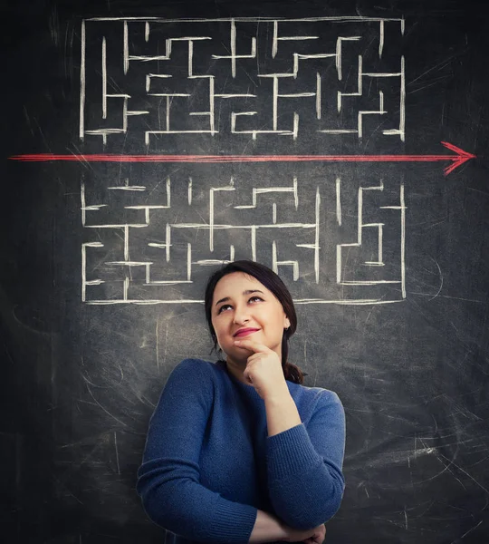 Puzzled woman in front of blackboard looking up finding a solution to escape from labyrinth. Young businesswoman breaking the rules, as a red line pierce the maze walls. Different thinking concept.