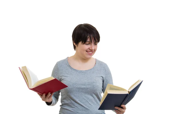 Twijfelachtig Jonge Vrouw Student Docent Houden Twee Open Boeken Een — Stockfoto
