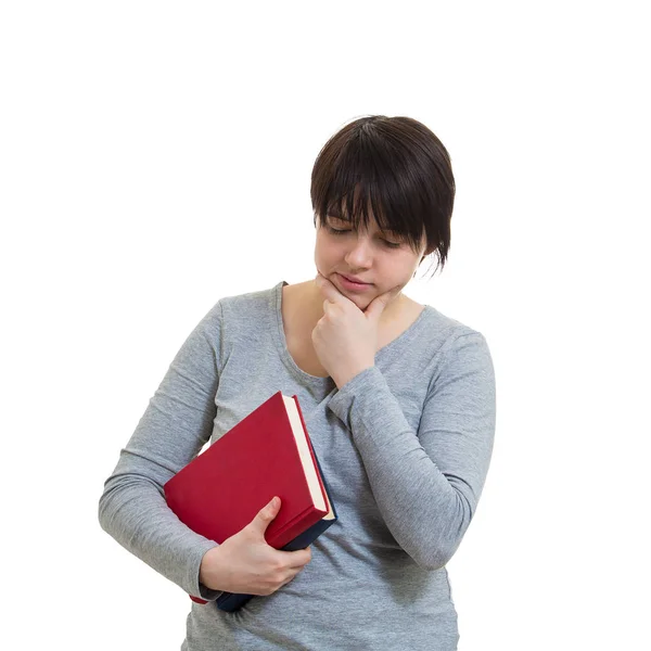 Perturbado Pensivo Mulher Estudante Segurando Livros Uma Mão Sob Queixo — Fotografia de Stock