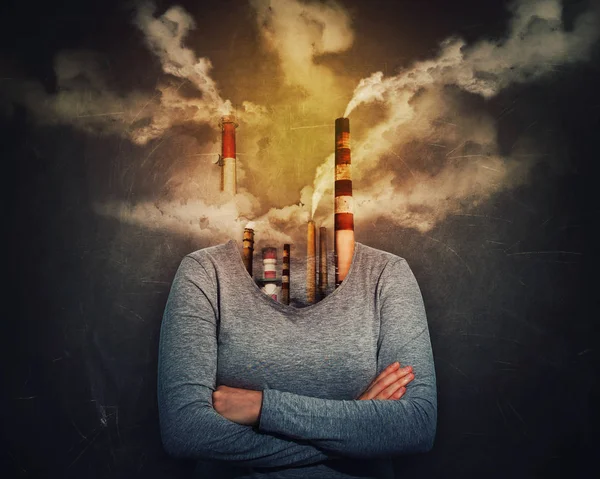 Environment Pollution Global Issue Surreal View Woman Factory Instead Head — Stock Photo, Image