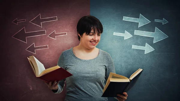 Woman Student Teacher Holding Two Books Red Blue Choosing Which — Stock Photo, Image