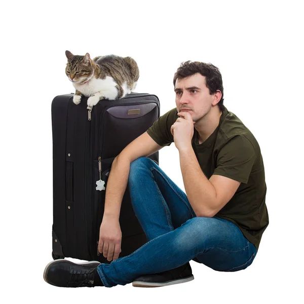 Τύπος και γάτα ταξιδιώτη — Φωτογραφία Αρχείου