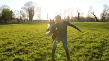 Genç adam açık havada onun safkan kenar kömür ocağı köpekle oynamayı yeşil alan arka plan üzerinde birlikte eğleniyor atlama. Eğitim onun evcil hayvan, komik eğlence anlar, dostluk kavramı ana.