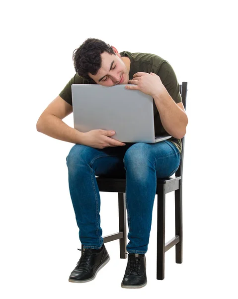 Adam kucaklama dizüstü bilgisayar — Stok fotoğraf