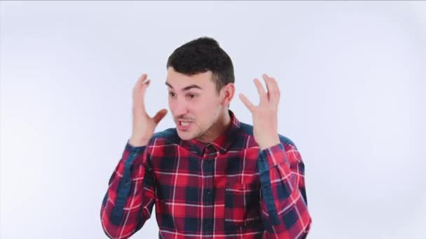 Stressed Young Man Screaming Isolated White Background Casual Angry Guy — Stock Video