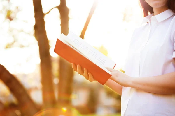 Segurando um livro vermelho sobre fundo ensolarado — Fotografia de Stock