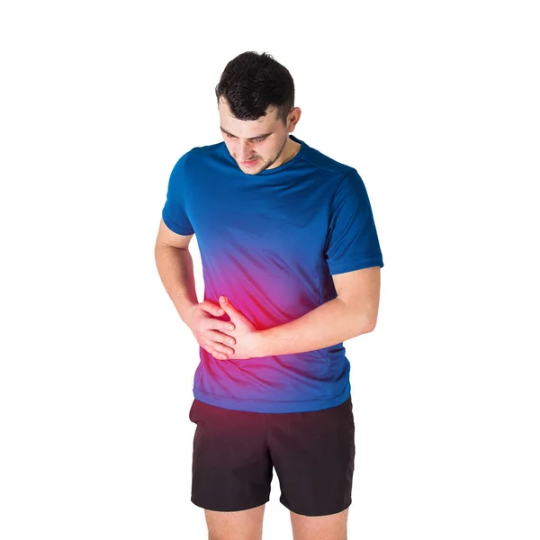 Hombre atleta caucásico sintiendo dolor de estómago y puntada lateral. Spor. —  Fotos de Stock