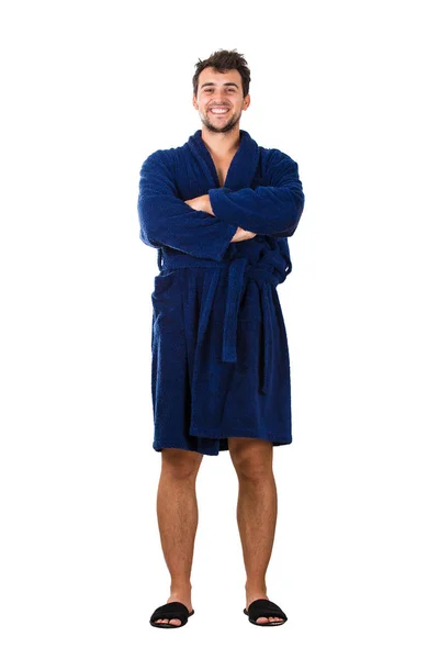 Bathrobe, man, isolated, white, cheerful, background, person, ad — Stock Photo, Image