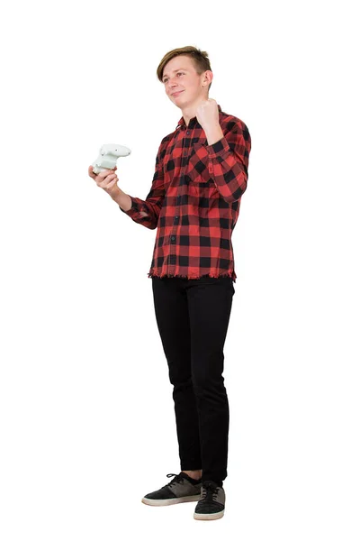 Joyful adolescente menino jogando jogos de vídeo isolado sobre branco backg — Fotografia de Stock