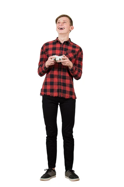 Lenyűgöző tini fiú játszik videojátékok elszigetelt fehér hát — Stock Fotó