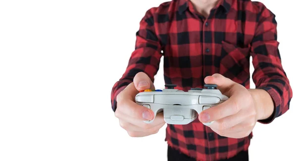 Zblízka dospívající chlapec ruce hrát videohry drží radosti — Stock fotografie
