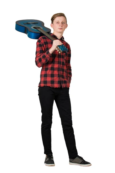 Teljes hossz portré jóképű tinédzser fiú pózol akusztikus — Stock Fotó