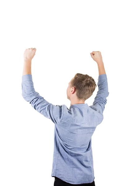 Bakifrån av framgångsrik student pojke tonåring höja händerna upp är — Stockfoto