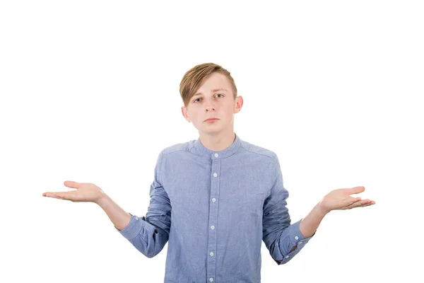 Perplexed teenage boy spread outstretched arms, balancing hands — Stock Photo, Image