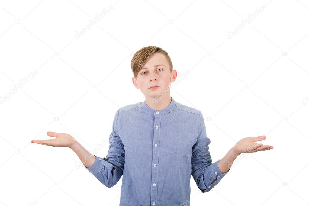 Perplexed teenage boy spread outstretched arms, balancing hands 